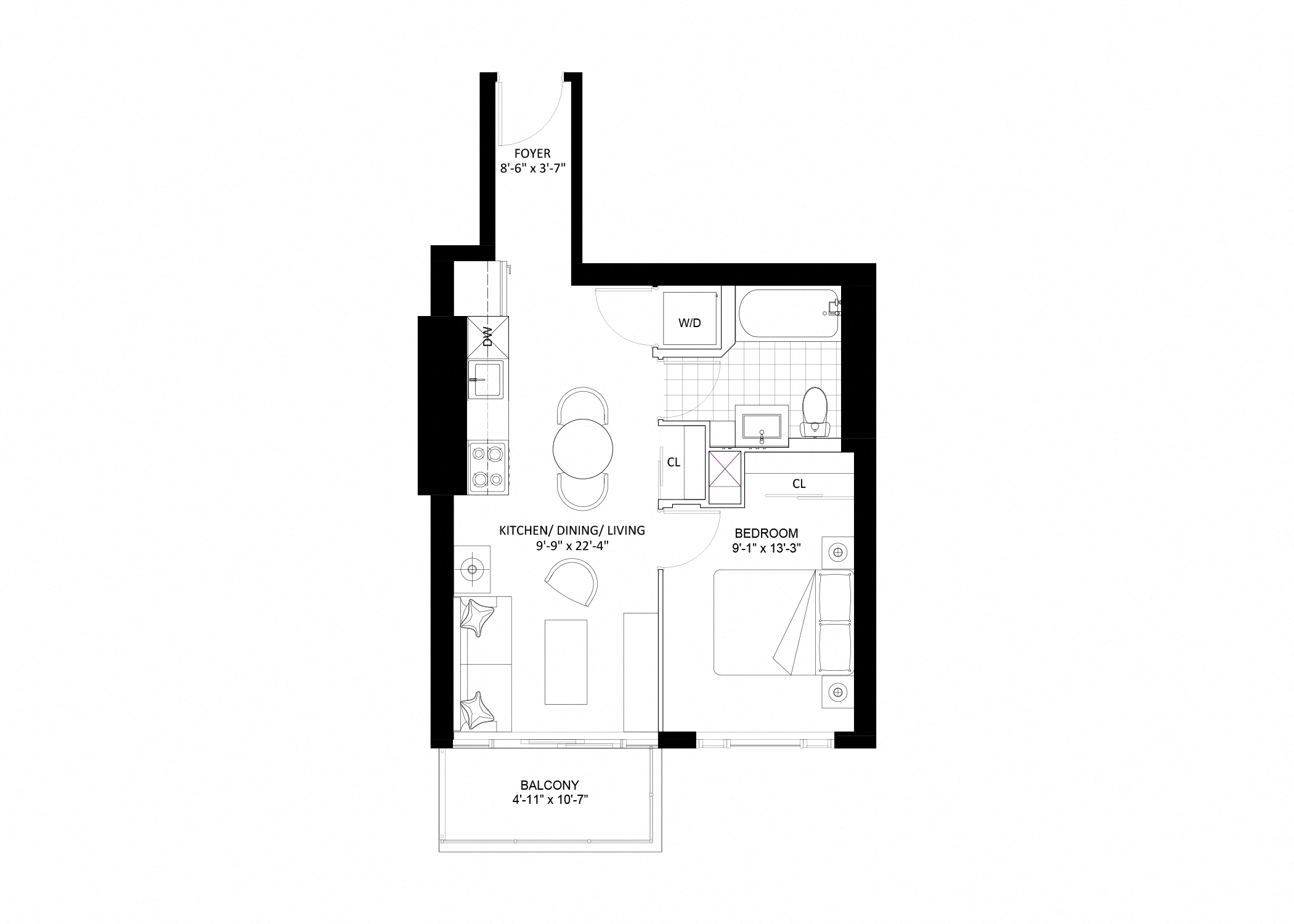 Floor plan for 1 bed, 1 bath, 508 sqft